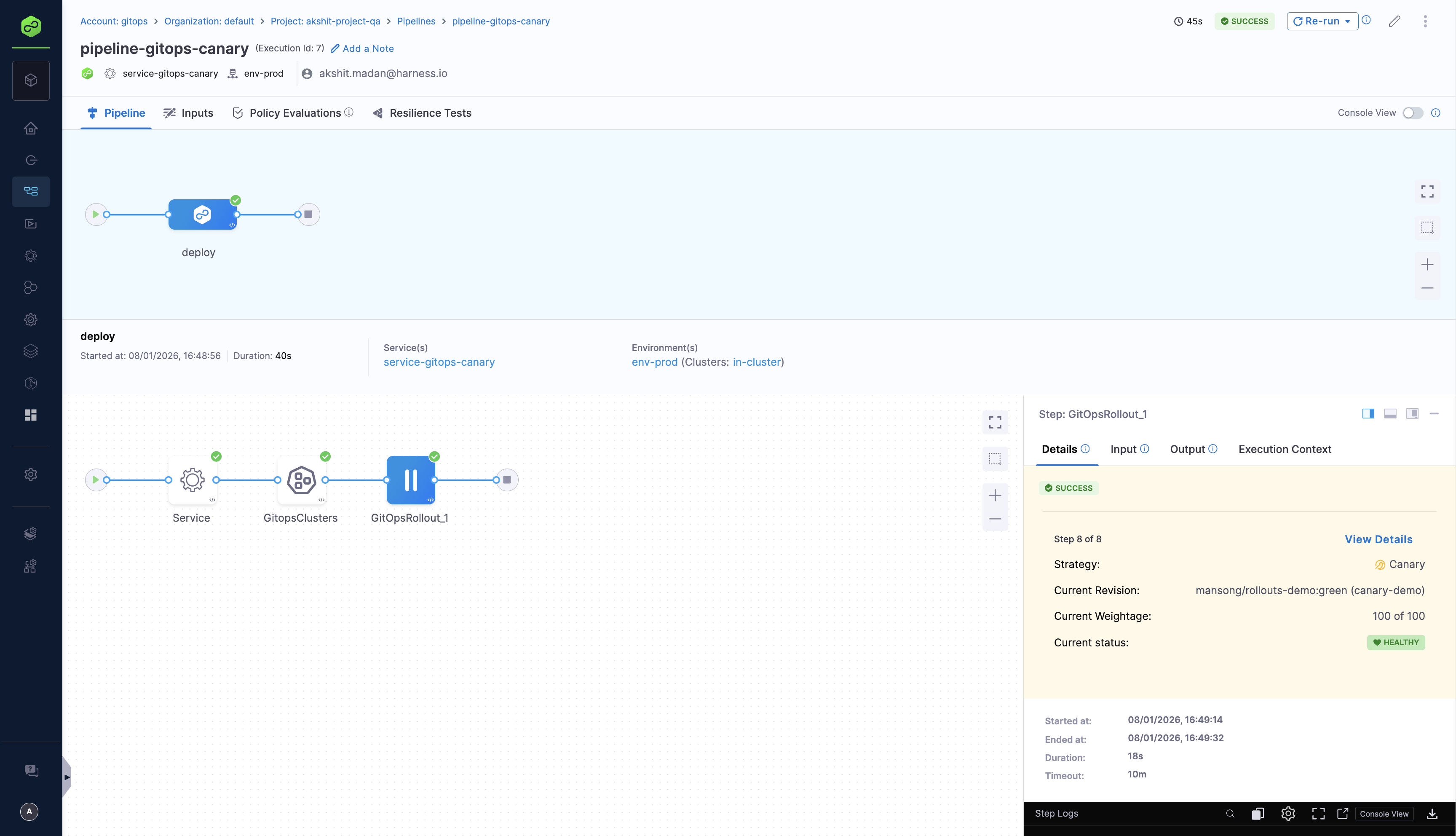 Pipeline execution showing steps progressing with GitOps Rollout step in progress