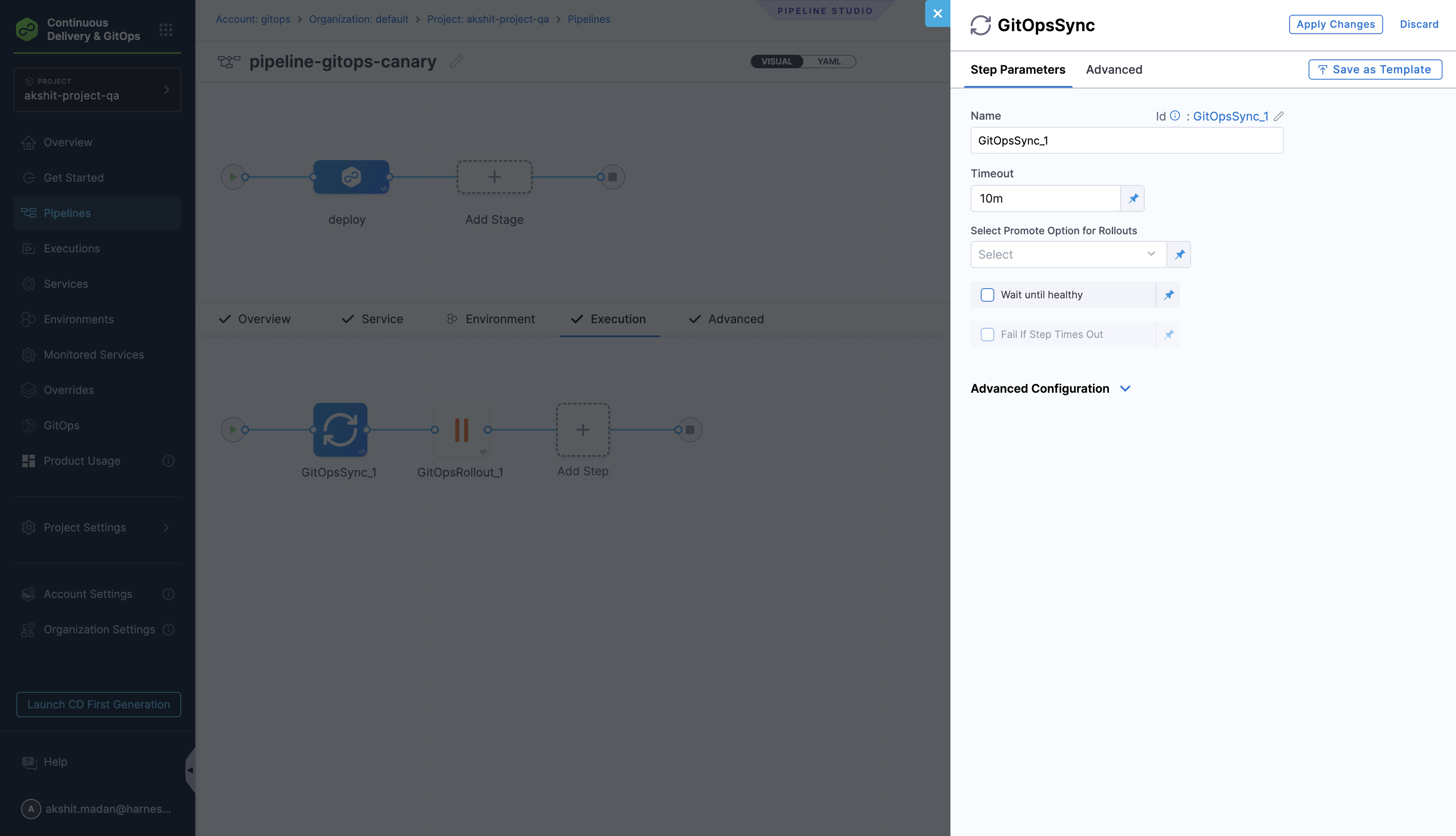GitOps Sync step configuration showing Wait until healthy checkbox and timeout settings